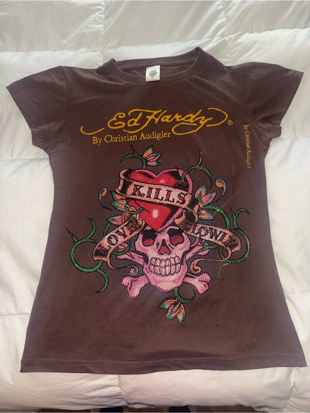 Authentic Rhinestone Vintage Ed Hardy Women’s Brown Graphic Tee with Skull Heart